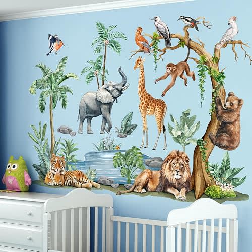 LiveGallery Watercolor Safari Animal Wall Decals - Jungle Tiger Lion Elephant Giraffe Monkey Wall Stickers for Kids Room Nursery Playroom, Living Room, Removable Peel and Stick Wall Art Decoration