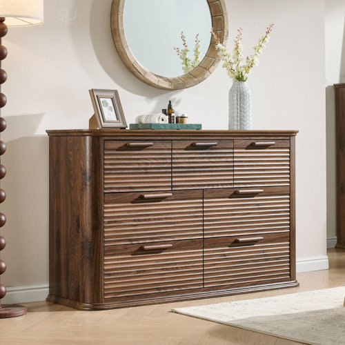 Latitude Run® Fluted 7 Drawer Dresser, 52 Inch Wide Modern Wood Chest With Curved Design For Bedroom And Living Room Storage | Wayfair