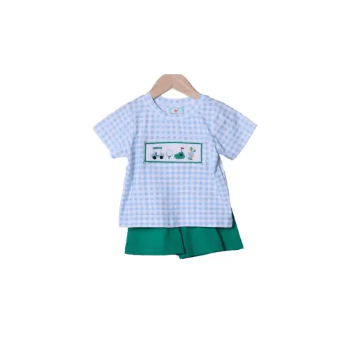 Smocked Hole In One Blue Gingham Short Set 18M