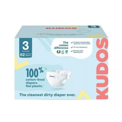 Kudos Chlorine Free Premium Diapers, Cotton-Lined, Size 3, 31 * 2=62 Count, 14-24 lbs
