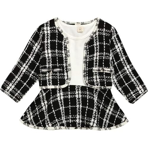 Toddler Kids Baby Girls Plaid Skirt Set Cardigan Jacket Coat + Tutu Dress Set Long Sleeve Outfits Fall Outfit Set