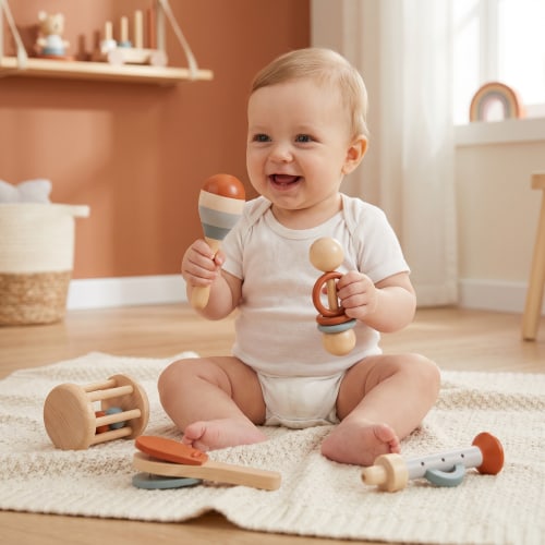 Montessori Wooden Baby Music Set – 5-Piece Sensory Rattle Toy Collecti – Kids Australia
