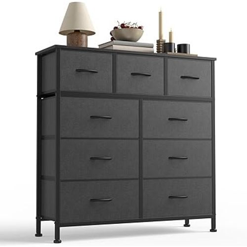Sweetcrispy 9-Drawer Fabric Dresser Storage Tower with Wood Top and Steel Frame, Organizer Chest with Easy Pull Handles for Bedroom, Closet, Hallway,Modern Gray