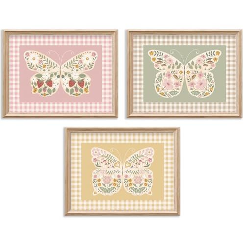 Nursery Butterfly Wall Art Little Girls Room Canvas Wall Decor Floral Cottage Nursery Poster Pink Girls Gingham Prints Butterfly Flowers Picture Artwork for Kids Baby Girls Bedroom 12x16x3 In Unframed