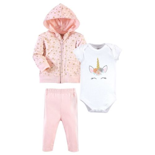 Little Treasure Baby and Toddler Girl Hoodie, Bodysuit or Tee Top, and Pant Set, Unicorn Baby