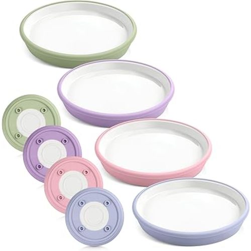 Domensi 4 Sets 8" Kids White Porcelain Plates with Silicone Sleeves Ceramic Divided Plates for Toddlers Eating Babys Feeding Microwave Dishwasher Safe Supplies(Pink, Purple, Blue, Green)