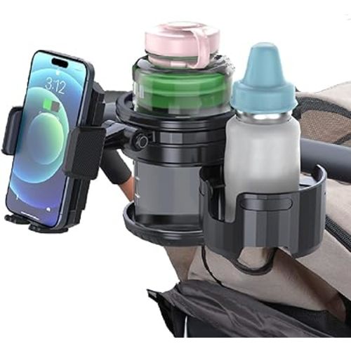 3-in-1 Stroller Cup Phone Holder Attachment, Universal Cup Holder with Adjustable Phone Mount, Double Cup Holder for Walker, Wheelchair, Fits Most Donna, Uppababy, Bugaboo, Anti-Slip & Easy Install