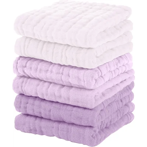 Muslin Baby Washcloths 6 Pack, 100% Cotton Wash Cloths for Babies, Large 12''X12'' Burp Cloths Absorbent and Soft for Newborn Infants Kids Boys Girls - Gradient Purple
