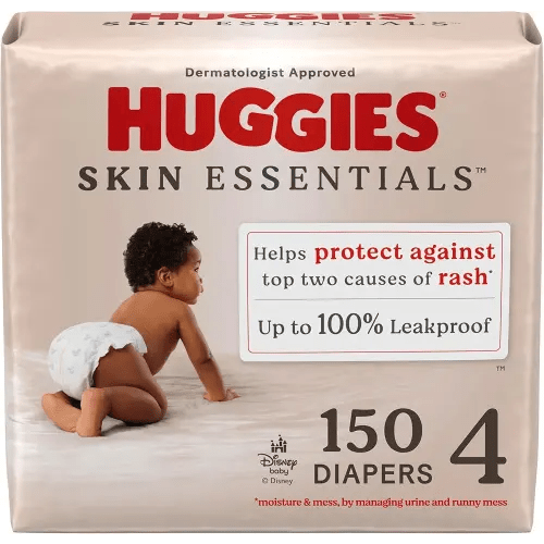 Huggies Size 4 Diapers, Skin Essentials Baby Diapers, Size 4 (22-37 lbs), 150 Count (6 Packs of 25), Packaging May Vary