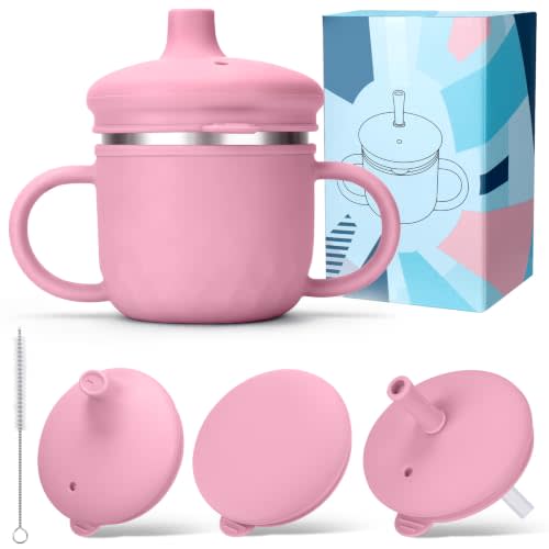 BUSOHA 3 IN 1 Stainless Steel Toddler Sippy Cup - 8oz Baby Sippy Cup | Food-Grade 304 Stainless Steel and Silicone,Spill-Proof Toddler Straw Cup with Brush,Dishwasher Safe,Pink