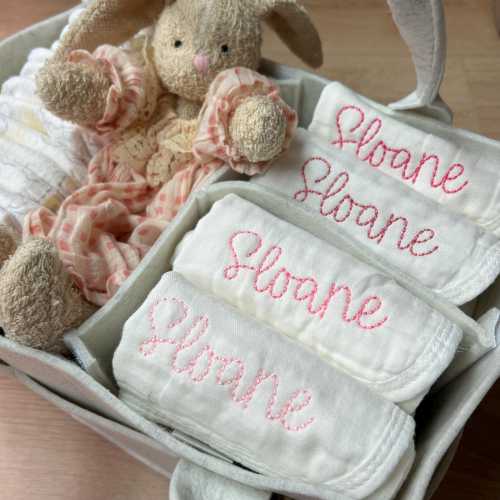 Embroidered Muslin Burp Cloth: Personalized Baby Name Gift, Handstitched Style Font