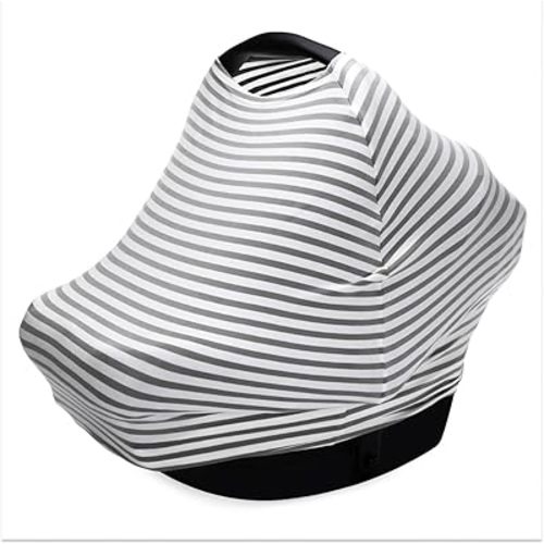 Parker Baby 4 in 1 Car Seat Cover for Girls and Boys - Stretchy Carseat Canopy, Nursing Cover, Grocery Cart Cover, High Chair Cover - Gray/White Stripes