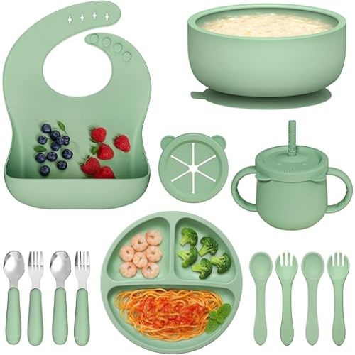 13 Pack Silicone Baby Feeding Set, BPA-Free Baby LED Weaning Supplies, Include Suction Plates, Bowls, Silicone and Stainless Steels Fork & Spoon, First Stage Infant Food Eating Utensils - 6+ Months