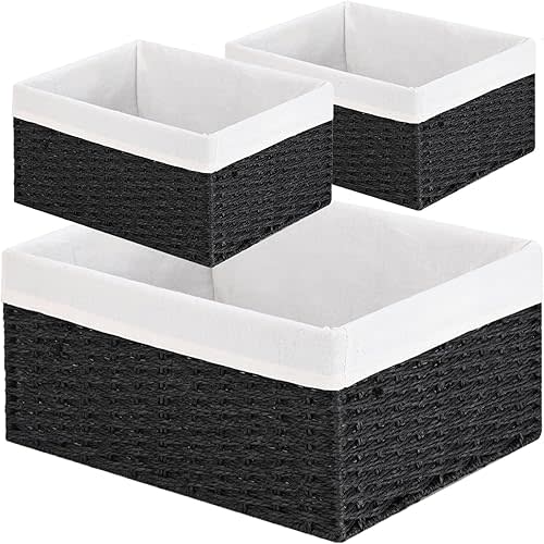Vagusicc Storage Basket, 3-Pack Woven Paper Rope Wicker Baskets for Storage with Handles, 15 Inches Large Cube Storage Bins Woven Storage Baskets with Liners for Shelves Organizing & Decor, Black