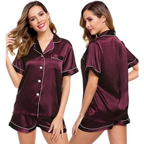 LecGee Womens Silk Satin Pajamas Short Sleeve Loungewear Two-Piece Sleepwear Button-Down Pj Set