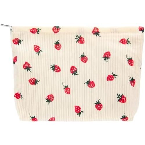 PAZIMIIK Makeup Bag Large Cotton Zipper Pouch for Purse Travel Canvas Make Up Organizer for Women Cosmetic,Strawberry Beige