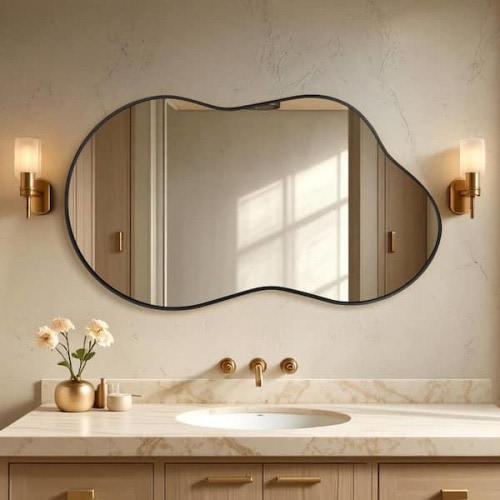 36 in. W x 24 in. H Irregular Black Aluminum Alloy Framed Wall Mirror Asymmetrical Wall Mirror