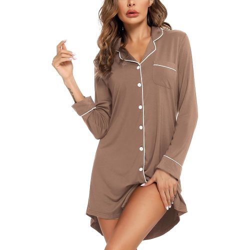 Anjue Sleepshirt V Neck Gown Long Sleeve Loose Comfy Sleepdress Striped Sleepwear Short Nightgown(Light Brown,XL)