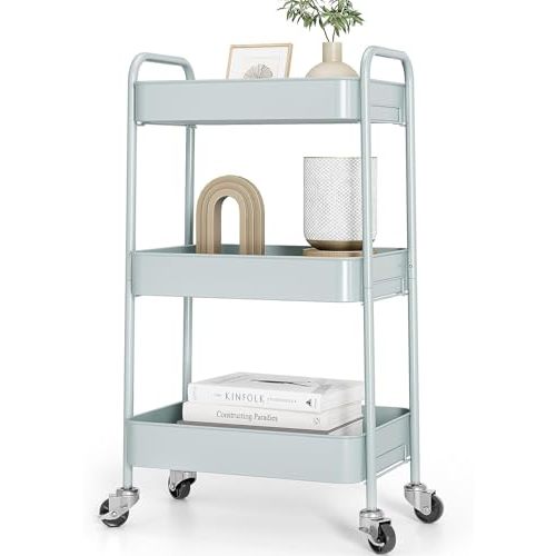 TOOLF 3-Tier Metal Rolling Cart with Wheels, Storage Utility Organizer Cart for Kitchen, Bathroom, Office, Baby Essentials & Makeup - Lockable Casters, Easy Assembly, Large Capacity, Green