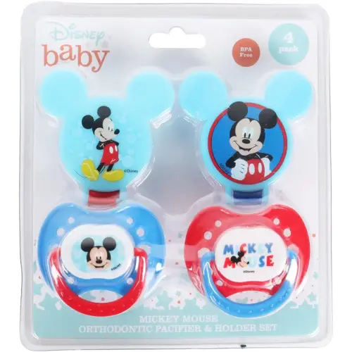 Disney Cudlie Mickey Mouse Baby Boy 4 Pack of 2 Pacifiers & 2 Clips with Old Time Mickey Print