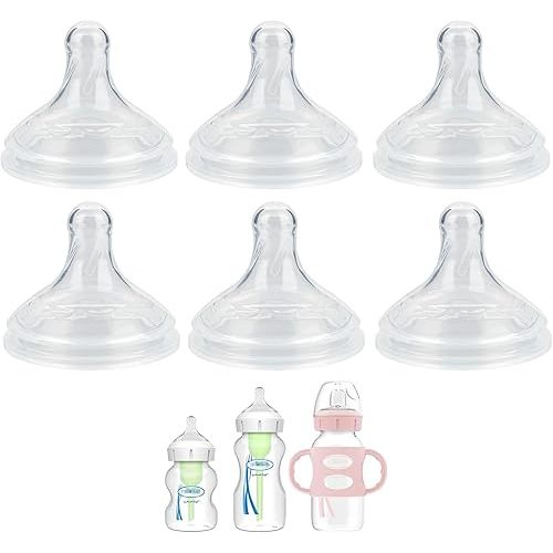 Silicone Nipple for Dr. Brown's Natural Flow Level 1 Wide-Neck Baby Bottle, 0m+, Slow Flow, 6 Count