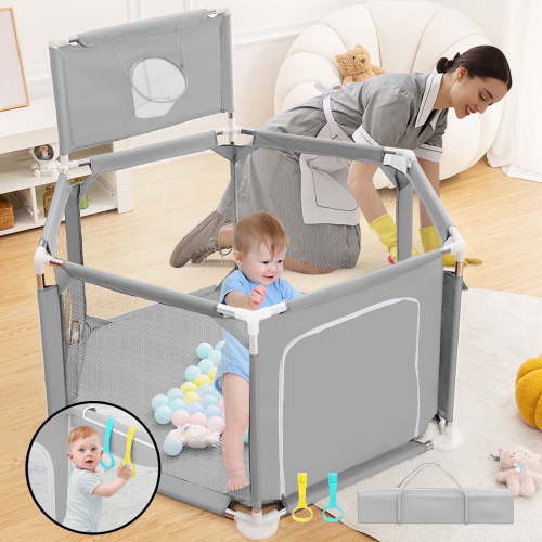 Baby Playpen, Baby Playard with Basketball Hoop, Portable Hexagon Play Yard Baby Fences for Infant Toddler