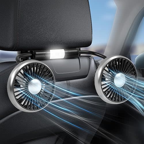 Dealswin Car Fan for Backseat Kids, 2025 Upgraded Dual-Head Car Seat Fans with LED Lights, 3-Speed and 360° Rotatable USB Powered for SUV, RV, Truck, Vehicles