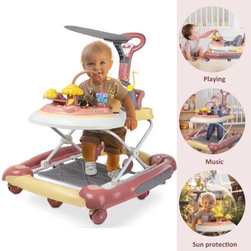 JieC 5-in-1 Baby Walker with Wheels,Infant Toddler Walkers Bouncer for Boys Girls,Pink