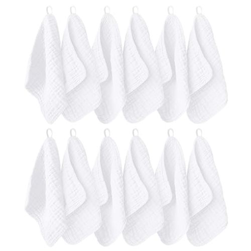 12 Pack Muslin Washcloths for Baby - 100% Cotton Baby Wash Cloths for or Baby Face Body Comfy and Soft for Newborn Infants Kids Girls and Boys - 12"x12" - White