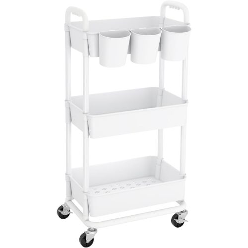 JIUYOTREE 3-Tier Plastic Rolling Storage Cart Utility Cart with Extra Hanging Cups Handles Lockable Wheels for Living Room Bathroom Kitchen Office White