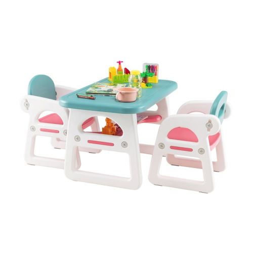 Costway 3-Piece Kids Table and Chair Set Toddler Activity Study Desk with Building Blocks Blue