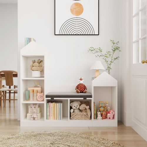 Children Bookcase with Reading Nook 6-Cubby Toy Storage Organizer