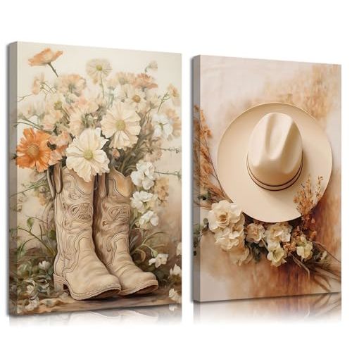 NNX 2pcs Vintage Western Cowgirl Canvas Wall Art: Coastal Cowgirl Boots & Hats Posters - Trendy Preppy Dorm Room & Living Room Wall Decor - Ready To Hang