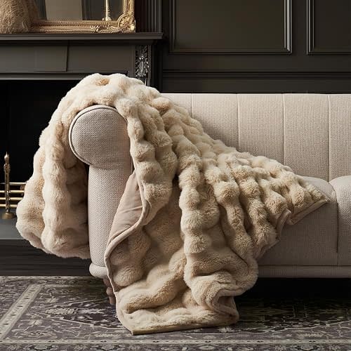 Faux Rabbit Fur Bubble Throw Blanket, 60"x80", Cream