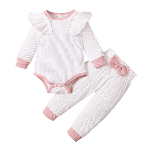 Annhoo Newborn Baby Girls Clothes Fall Winter Long Sleeve Ruffle Rompers with Cute Bowknot Pants Infant Knitted Outfits