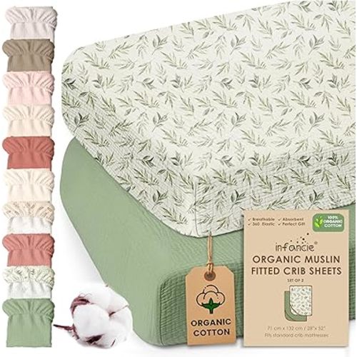 100% Organic Cotton Muslin Crib Sheets (Set of 2) – Soft & Breathable Fitted Sheets for Boys and Girls, Neutral Colors – Fits Standard Baby Crib Mattress (28 x 52 Inches) Green/Floral