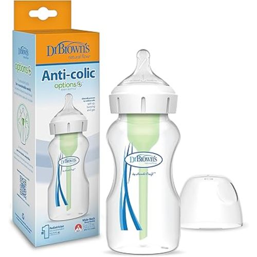 Dr. Brown’s Natural Flow Anti-Colic Options+Wide-Neck Baby Bottle, 9 oz/270 mL, Level 1 Nipple, 1-Pack, 0m+