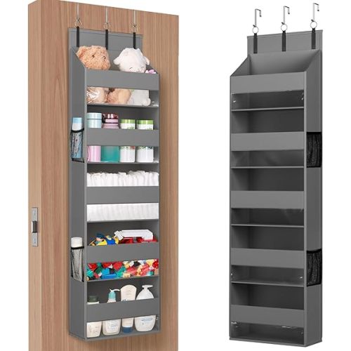 Lifewit 1 Pack Over the Door Organizer, 5 Shelf Clear Window Hanging Storage with 4 Mesh Side Pockets, Anti Tilt 40 lbs Load Behind Door for Pantry, Nursery, Bathroom, Bedroom, Kitchen, Dorm, Grey