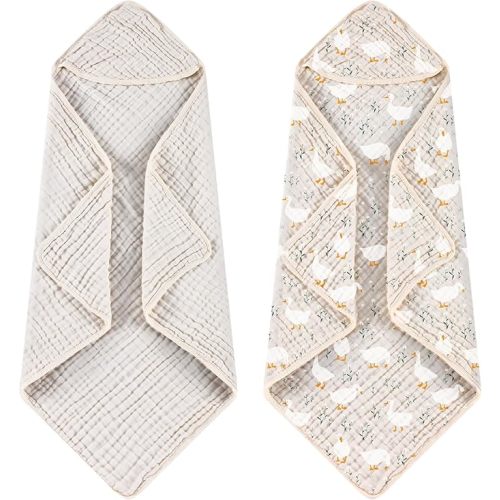 2 Pcs Goose Baby Hooded Towels for Newborn 100% Muslin Cotton Baby Bath Towel with Hood for Babies Infant Toddler and Kids Large 32x32inch Soft Absorbent Kids Essential Gift