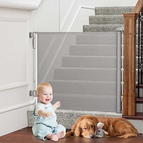 Retractable Baby Gates Extra Wide, PRObebi Retractable Dog Gate for The House Extends to 54" Wide 34" Tall, Gates for Baby Indoor, Stair Gate for Outdoor, Staris, Hallways, Doorways, Deck, Porch