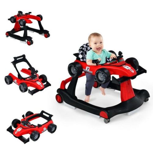 4-in-1 Foldable Baby Push Walker with Adjustable Height and Music Activity Tray Red