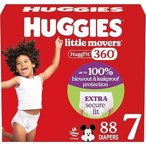 Huggies Size 7 Baby Diapers, Little Movers HuggFit 360° Baby Diapers with 360° Waistband, Size 7 (41+ lbs), 88 Count (2 Packs of 44), Packaging May Vary