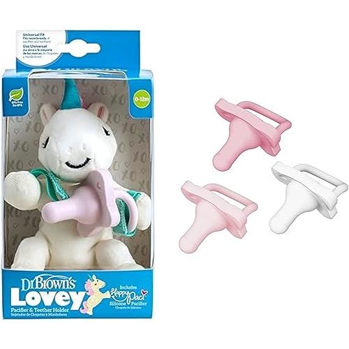 Dr. Brown's Baby Lovey Pacifier Holder with HappyPaci, Unicorn, Silicone Pacifier 0-6m, Teether Holder, 3 Ct Pacifiers