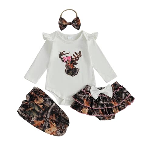 Hunting Baby Girl Outfit Deer Embroidery Ruffle Long Sleeve Romper Jungle Camo Skirt Headband Socks Set Fall Clothes
