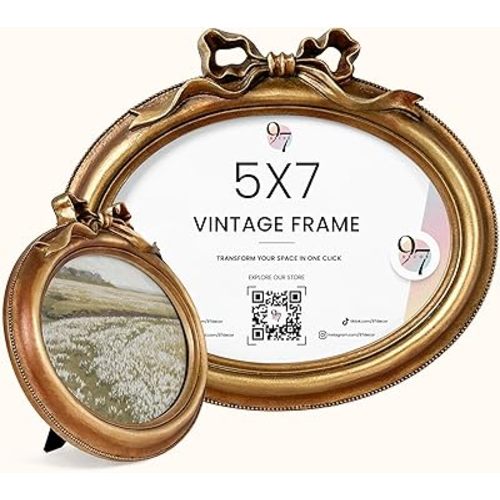 97 Decor Gold Oval Frame 5x7 - Vintage Picture Frames 5x7, Antique Bow Frame 5 x 7 With Glass Front For Tabletop Photo Display And Wall Hanging, Vintage Wall Decor