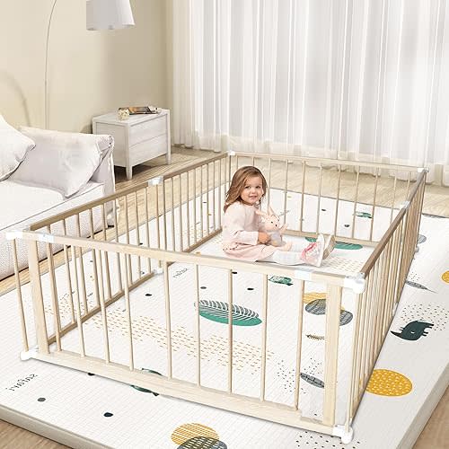 Natural Wood Baby Playpen with Gate & Anti-Slip Base, Large Safety Play Fence for Babies & Toddlers, Portable 6 Panel Kids Activity Center, 26" Tall Indoor Play Yard