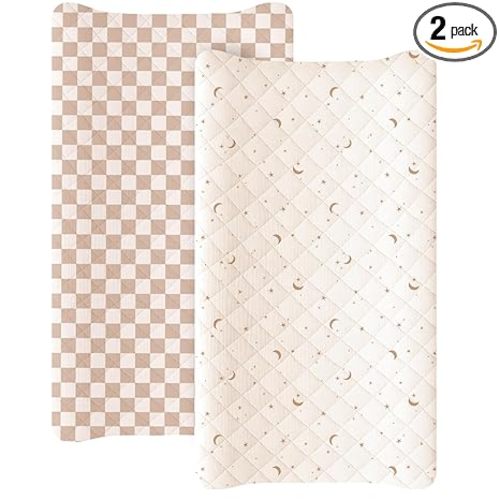Konssy 2 Pack Quilted Muslin Changing Pad Cover, Waterproof Layer, 32"x16" | 100% Cotton Surface, Absorbent & Soft, Changing Table Sheets, Full Elastic Fit, for Baby Girls & Boys (Coffee Check,Moon)