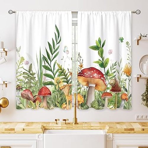 Mushroom Small Kitchen Curtains Sage Green Botanical Window Treatment Boho Wildflowers Plant Leaf Cafe Short Window Curtains for Bathroom Dining Laundry Room Tier Treatment Drapes 27.5x39 inch