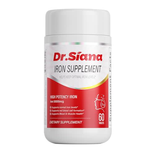 Dr.Siana Iron Supplement Tablets,25 mg/Tablet Iron Supplement Promotes Normal Red Blood Cell Production,with Vitamin B12, Folic Acid & Vitamin C for Absorption - Vegan - 60 Tablets