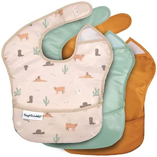 Tiny Twinkle Mess-Proof Baby Bibs for Eating | Waterproof, Wipeable Toddler Bibs with Catch-All Pocket | Feeding Bibs for Girls & Boys(3 Pack,Cowboy)